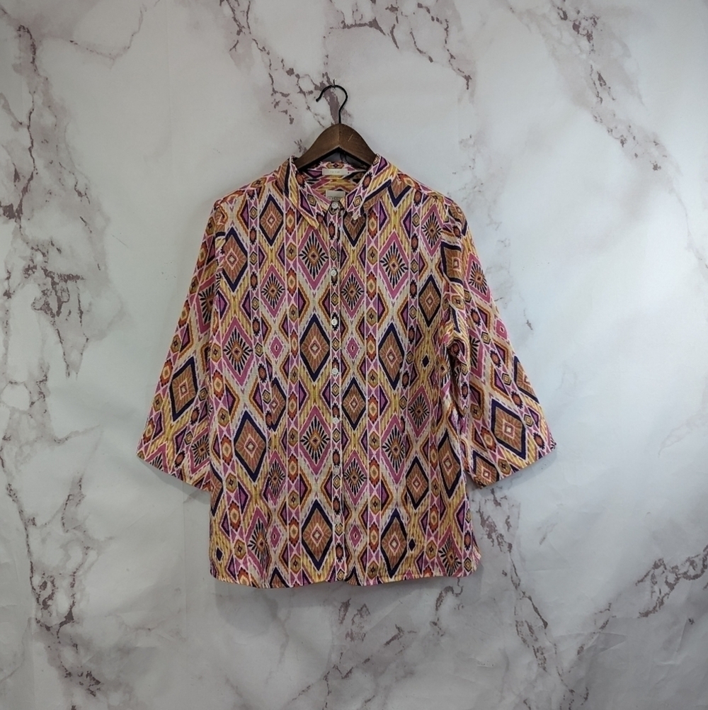 Chicos Shirt Women Large 12 2 Linen Button Up Floral Pink Purple Ikat Geometric